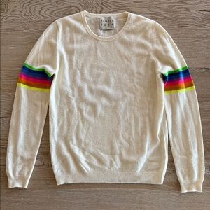 Women’s Cream Crewneck Sweater with Rainbow Sleeve Stripes by Jumper 1234